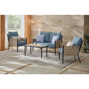 Dockview 4-Piece Metal Outdoor Patio Conversation Set with Blue Cushions