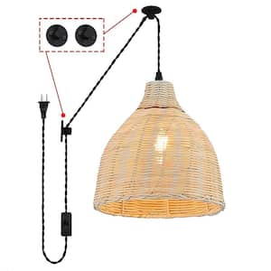 Industrial 10.24 in. 1-Light Kitchen Island Bamboo Shade Plug in Pendant Light with 2 Bases and Switch, E26 Base