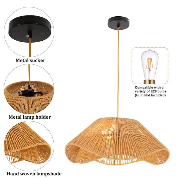OUKANING 3-Light Yellow Bohemian Shaded Pendant Light with Hemp