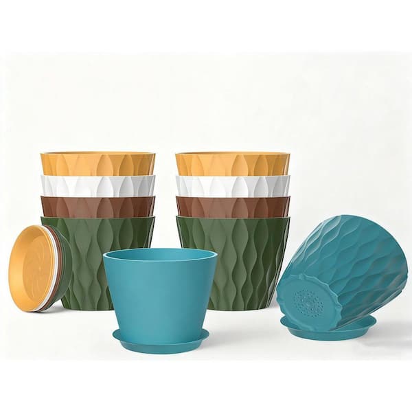 10-Pack 5 in. Plant Pots (Multicolour Plastic) - Stackable, w/ Drainage & Saucers, Indoor/Outdoor for Houseplants/Herbs
