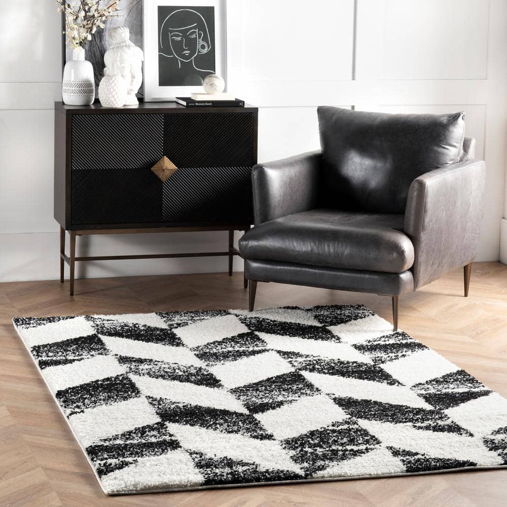Elysian Herringbone 9' x 12' Black and White Shag Area Rug