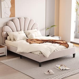 Beige Wood Frame Upholstered Full Size Platform Bed with Flower Pattern Velvet Headboard