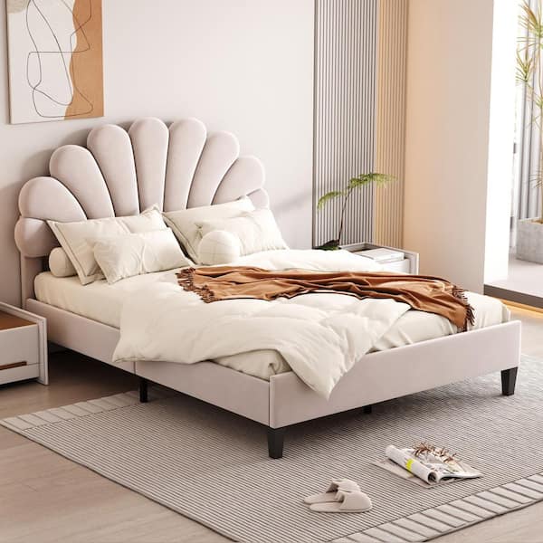 Harper & Bright Designs Beige Wood Frame Upholstered Full Size Platform Bed with Flower Pattern Velvet Headboard