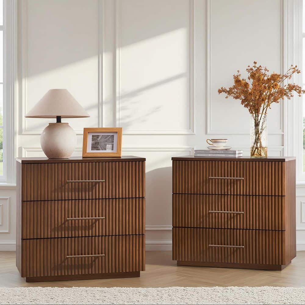 Autumn Modern Walnut 3-Drawer 26 in. W Nightstand Set of 2 with Charging Station