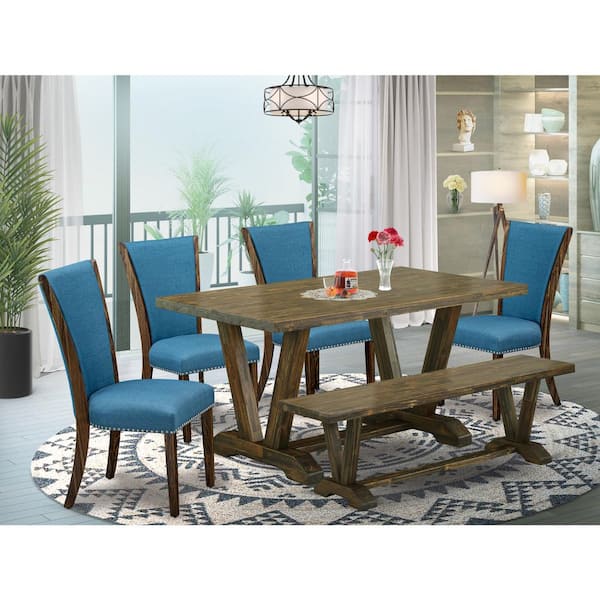 East West Furniture 6-Piece Rectangle Distressed Jacobean Finish Solid Wood Top Dining Table with 1-Bench, 4-Chairs with Lattice Back
