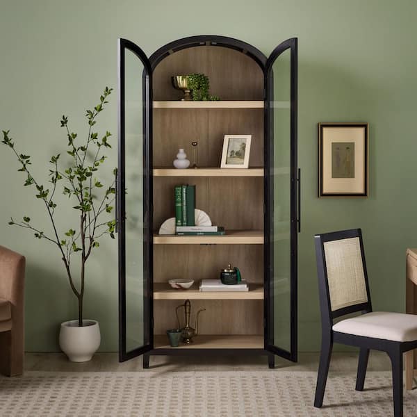 Arched 76 in. Tall Black Wood 5-Shelf Bookcase with Full-Length Glass Doors