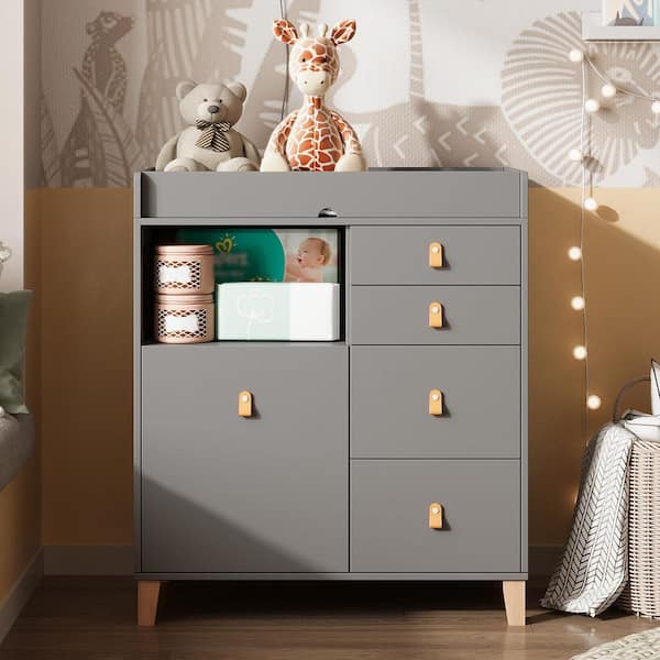 FUFU&GAGA Gray 5 Drawers 33. 5in. Wide Dresser without Mirror, Open Storage Cubby, Low Profile, Changing Table Compatible