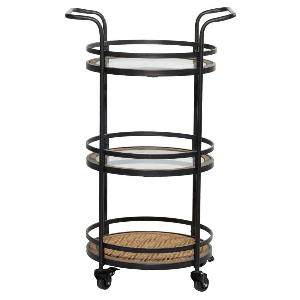 21'' Brown Metal and Rattan Round Bar Cart with Glass Shelves
