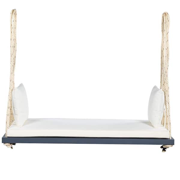 2-Person Wood Porch Swing with Cushion and Pillows and Hemp Ropes for Garden, Backyard