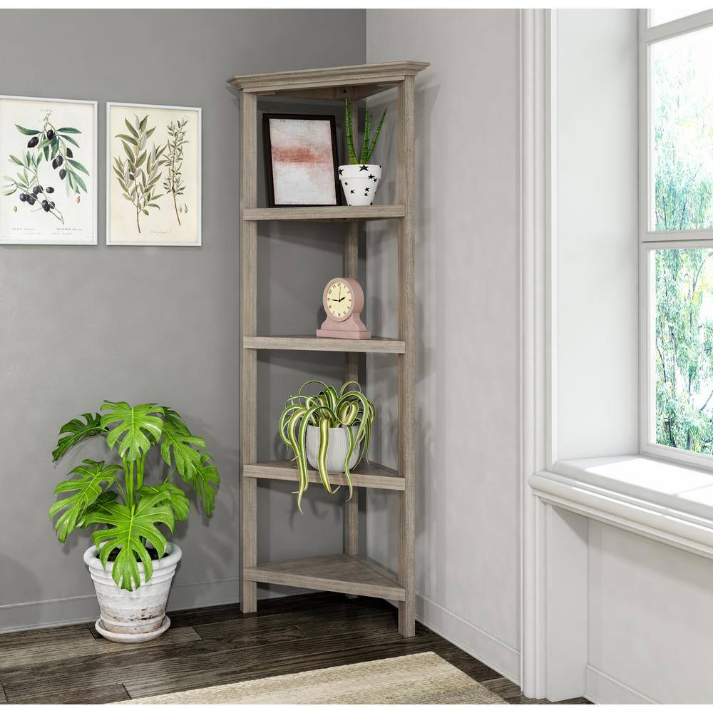 Cottage Charm Washed Grey Wood Corner Bookcase, 59.75"