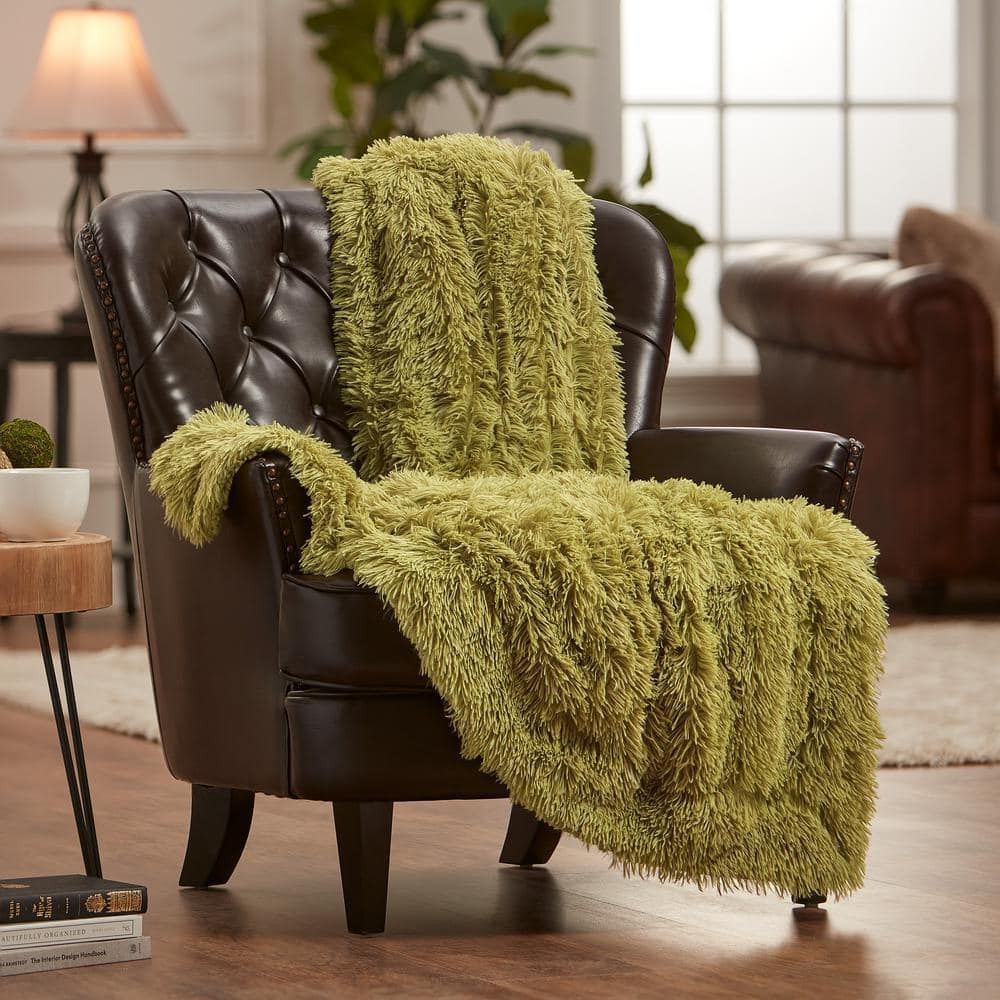 CHANASYA Solid Olive Green Shaggy Faux Long Fur Polyester Throw