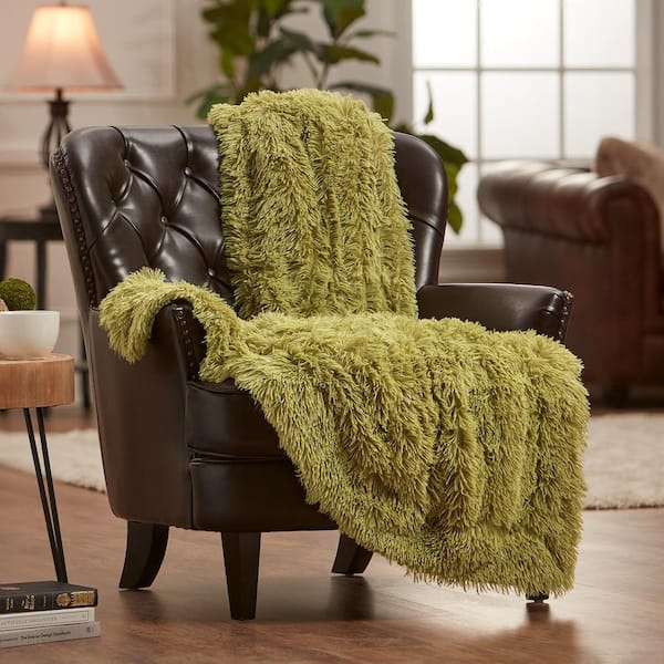 CHANASYA Solid Olive Green Shaggy Faux Long Fur Polyester Throw