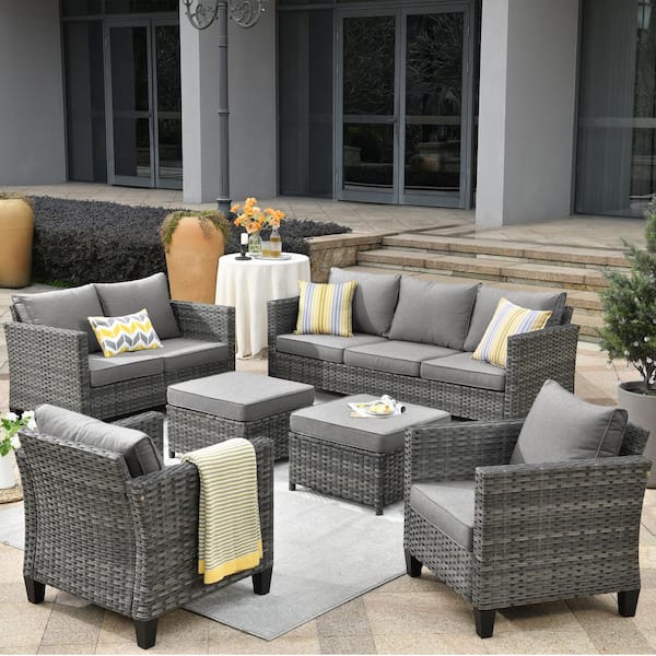 XIZZI Venus Gray 6-Pcs Wicker Outdoor Patio Conversation Seating Set with Dark Gray Cushions
