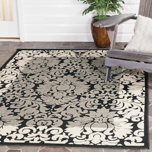 Courtyard Black/Sand Doormat 2 ft. x 4 ft. Floral Indoor/Outdoor Patio Area Rug