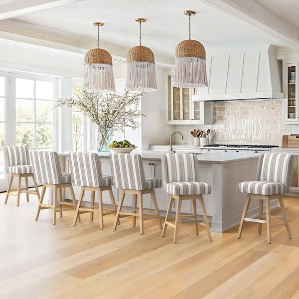 LUE BONA Joyce 26 in. Gray White Striped Fabric Upholstered Swivel Bar Stool with Solid Wood Leg Counter Stool (Set of 6)