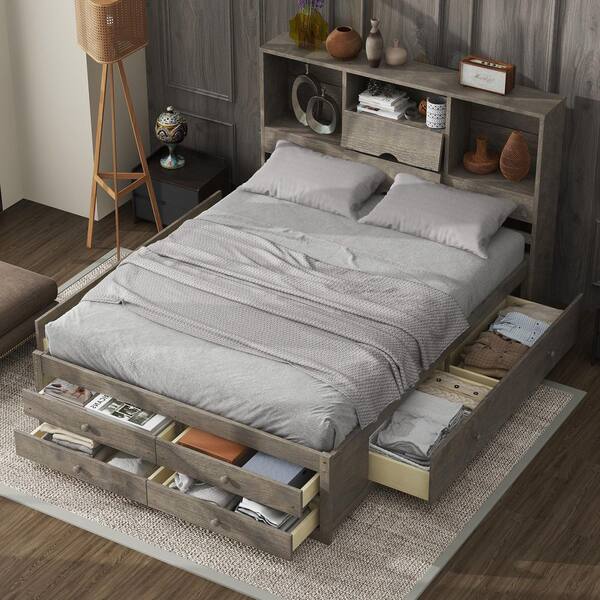 Qualler Gray Wood Frame Queen Size Platform Bed with Storage Headboard ...