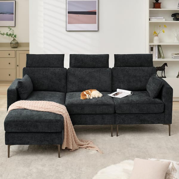 JEAREY 89 in. Square Arm Fabric L Shape Sectional Sofa with Chaise Lounge and Pillow in Carbon Ash