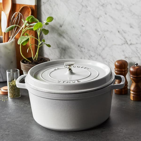 staub Cast Iron 7 qt. Round Cast Iron Dutch Oven in White Truffle
