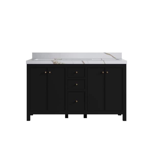 Willow Collections Chicago 60 in. W x 22 in. D x 36 in. H Double Sink Bath Vanity in Black with 2 in. Calacatta Gold Quartz Top