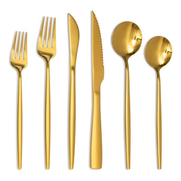 3 in. Partial Tang 48-Piece Stainless Steel Serrated Steak Knife and Cutlery Set Mirror Polished Gold for Home Kitchen