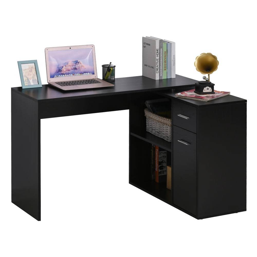 HOMCOM 46 in. L-Shaped Black Writing Computer Desk with Storage Shelves ...