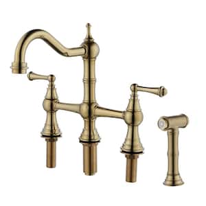 Double Handle Bridge Kitchen Faucet in Bronze Gold with Pull-Out Side Spray