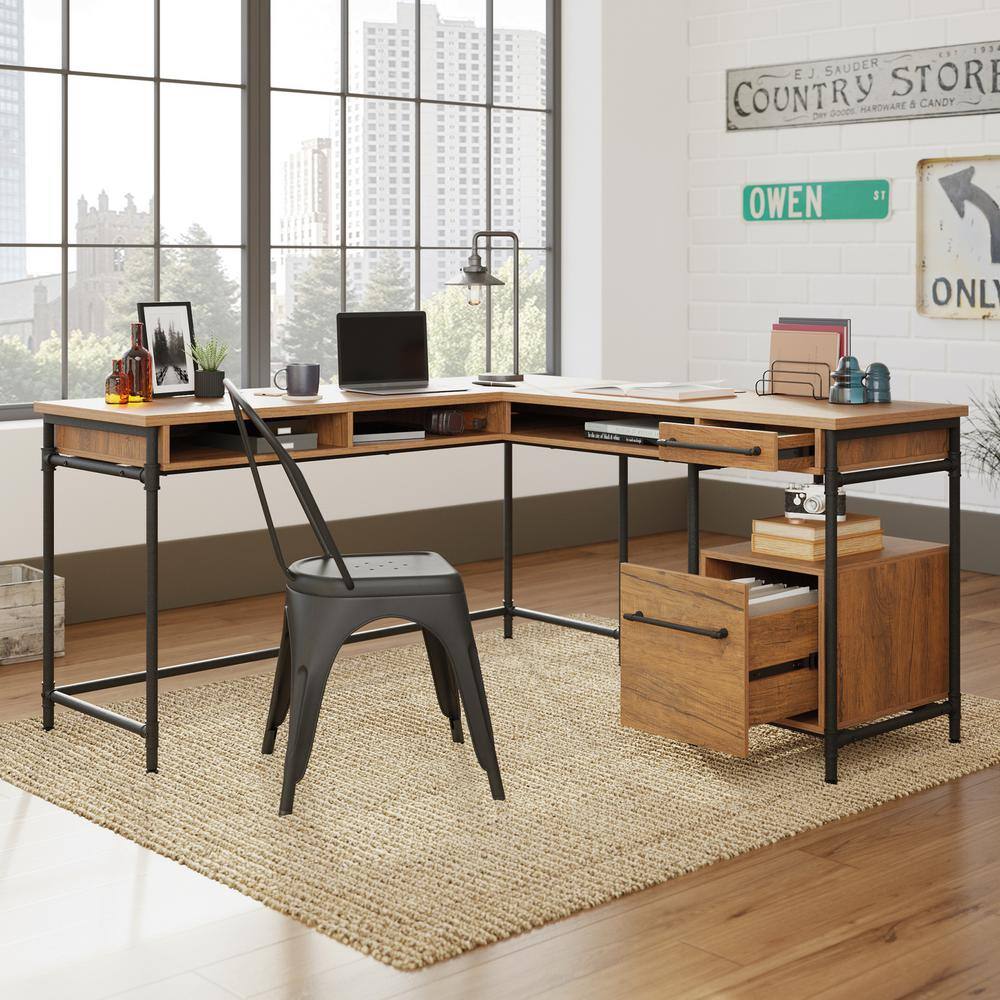 Brown Wood L-Shaped Computer Desk with Drawer and Filing Cabinet