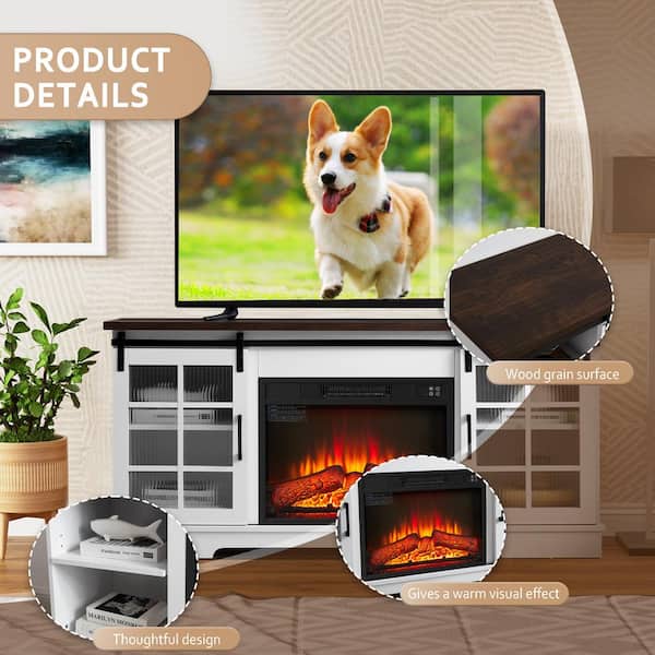 59 in. Freestanding Electric Fireplace TV Stand with 2 Sliding Fluted Glass Doors in White
