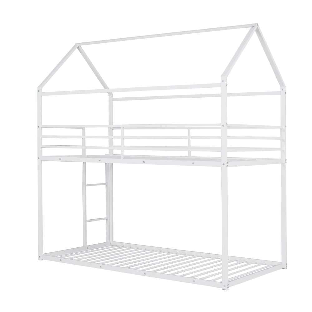 Harper & Bright Designs White Twin over Twin Metal House Bunk Bed with Builtin Ladder QMY234AAK