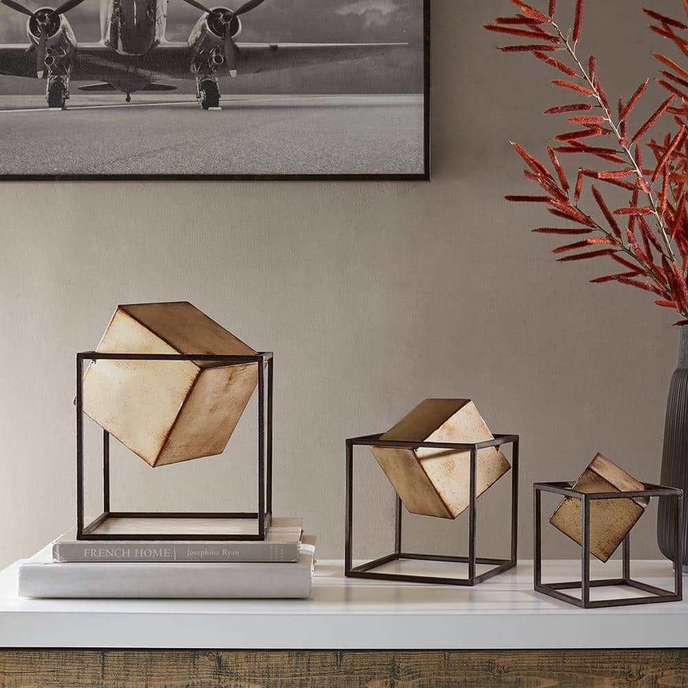 Gold and Black Metal Geometric Cube Decor Set, 3-Piece