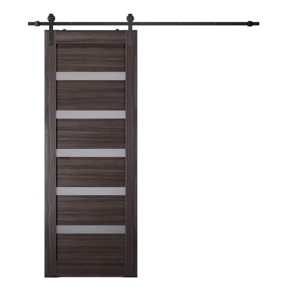 Gray Oak and Frosted Glass Sliding Barn Door Kit with Black Hardware
