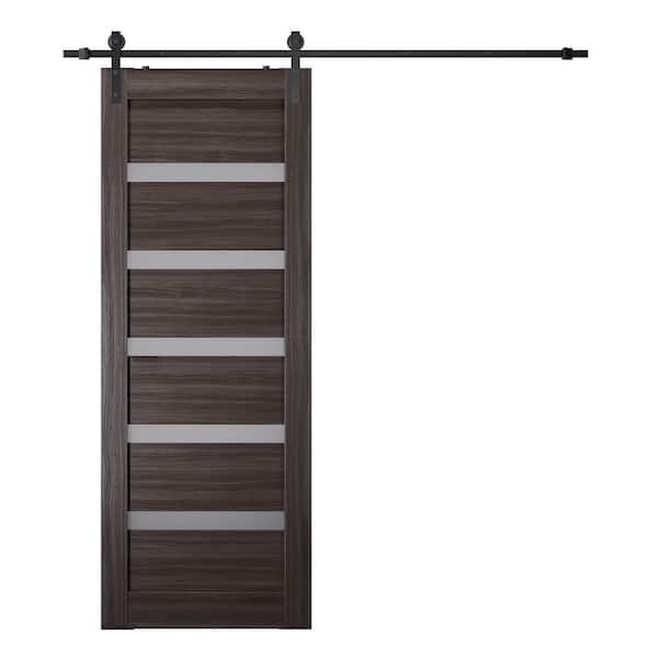 Belldinni Leora 28 in. x 80 in. 5-Lite Frosted Glass Gray Oak Wood Composite Sliding Barn Door with Hardware Kit