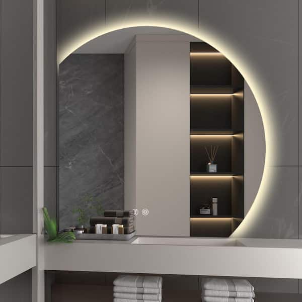 32 in. W x 32 in. H Novelty/Specialty Frameless Wall Bathroom Vanity Mirror Half Moon LED Mirror