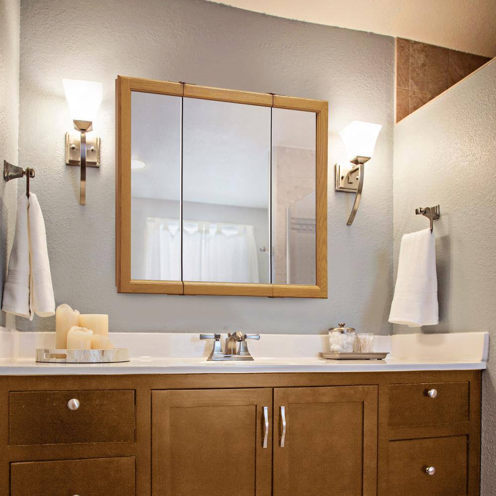 Claremont Honey Oak 36-Inch Tri-View Medicine Cabinet with Mirrored Doors