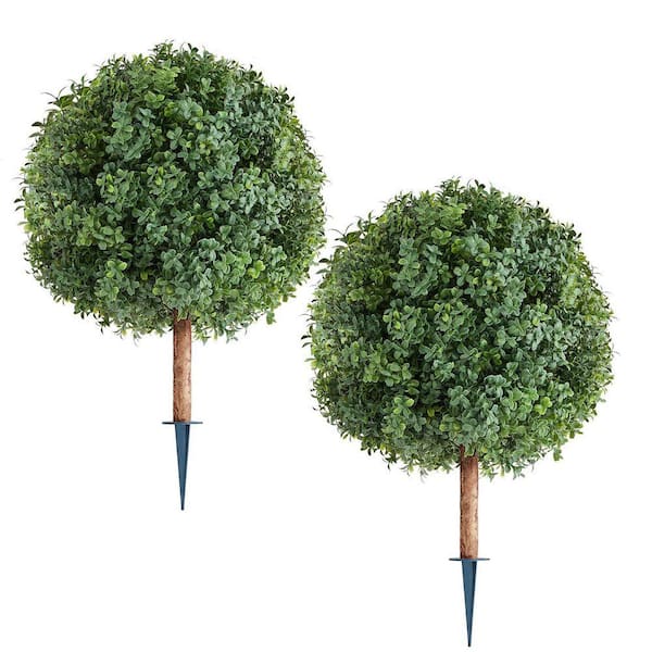 2.25 ft. Artificial Topiary Boxwood Trees Ground Spike, 2 Set Faux Shrubs and Bushes Potted Plants, Fake Silk Tree Look