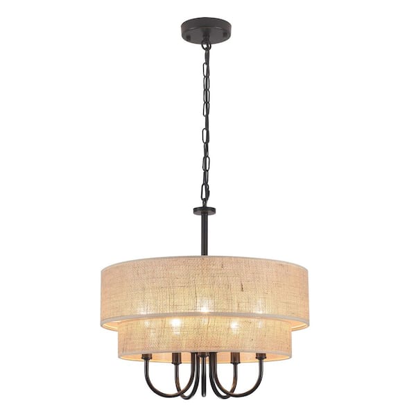 ADSENSTY 5-Light 2-Tier Black Farmhouse Candle Chandelier with Fabric Shade for Kitchen Island with No Bulbs Included