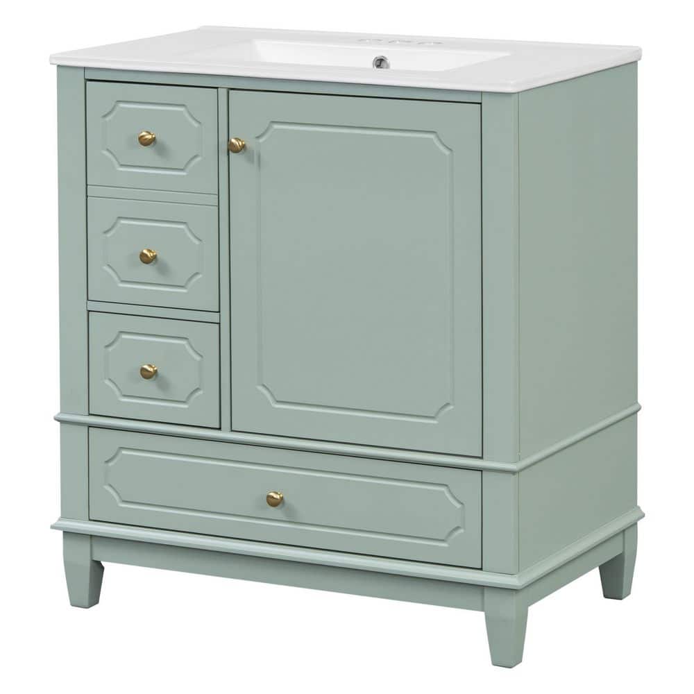 30 in. Single Sink Solid Wood Frame Freestanding Light Green Bath Vanity with White Ceramic Top, Unassembled, Soft Close price history on PriceWatchPro