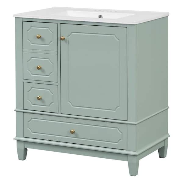 30 in. Single Sink Solid Wood Frame Freestanding Light Green Bath Vanity with White Ceramic Top, Unassembled, Soft Close