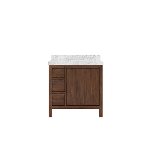 Willow Collections Elizabeth Teak 36 in. W x 22 in. D x 36 in. H Right Offset Sink Bath Vanity in Dark Walnut with 2" Carrara Marble Top