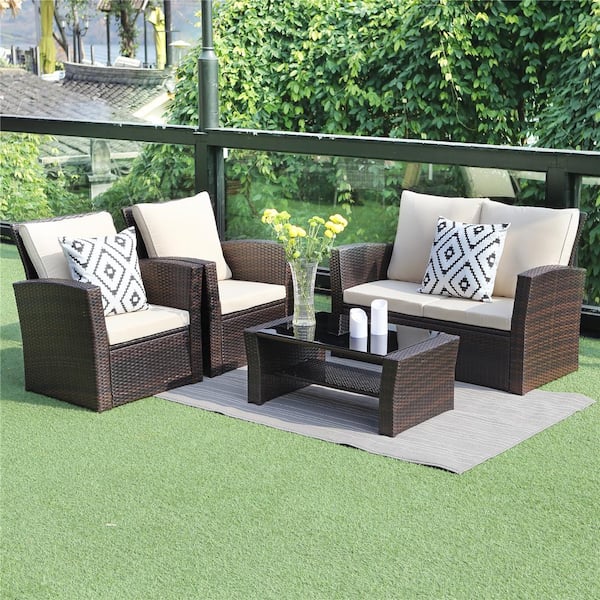 Unbranded Classic 4-Piece Wicker Patio Conversation Set with Cushions Beige