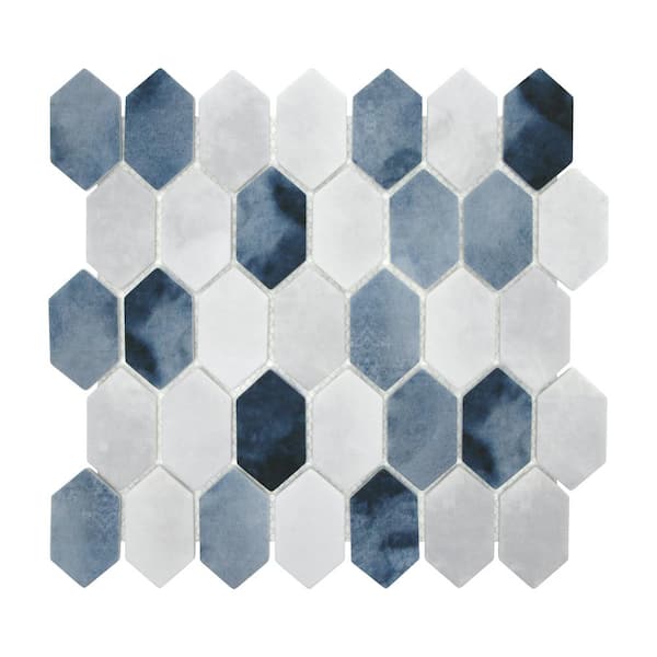 sunwings Picket Blue Mix 10.7 in. x 10.1 in. Long Hexagon Recycled Glass Cement Looks Mosaic Floor and Wall Tile (8 sq. ft./Case)