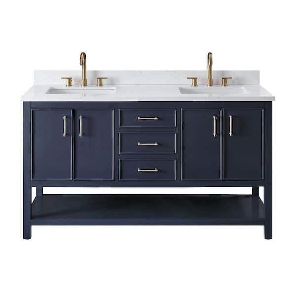 Benton Collection Felton 60 in. W x 22 in. D x 35 in. H Bathroom Vanity in Navy Blue Color with White Quartz Top