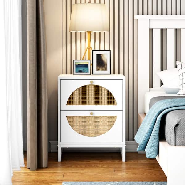 Angel Sar 2-Drawer Natural Rattan Wood Nightstand, Bedside Table Symmetrical Semi-Circular 20.89 in. H x 15.75 in. W x 15.75 in. D