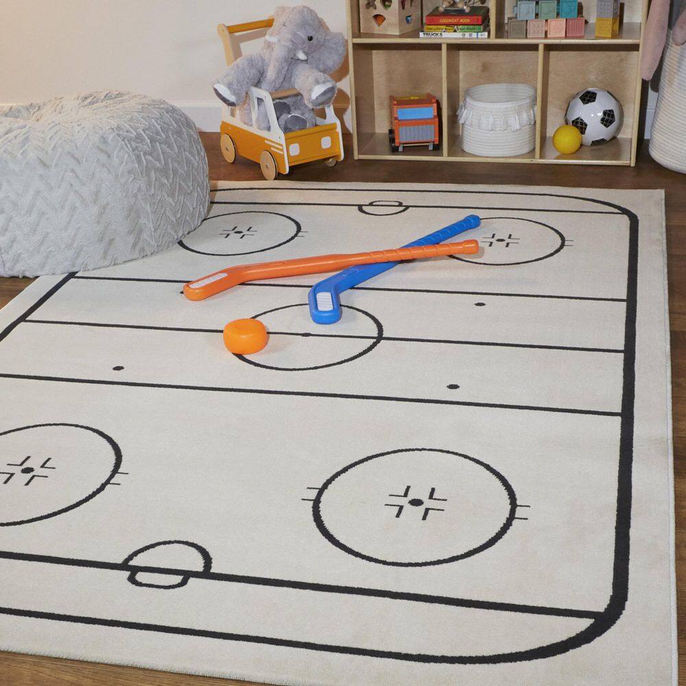 4' x 6' Black and Cream Synthetic Hockey Rink Kids' Rug