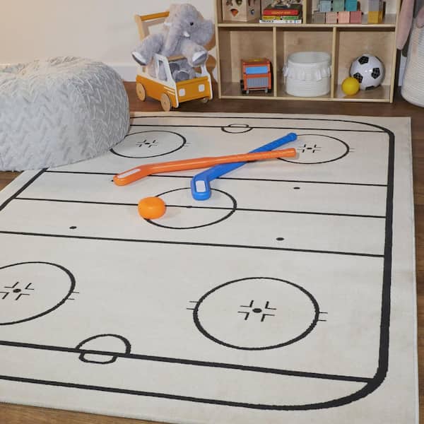 Hockey Time Cream 5' 3" x 7' Novelty Area Rug