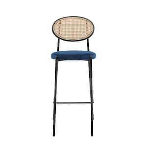Euston Modern 29.5 in. Wicker Bar Stool with Black Powder Coated Metal Frame and Footrest, Navy Blue