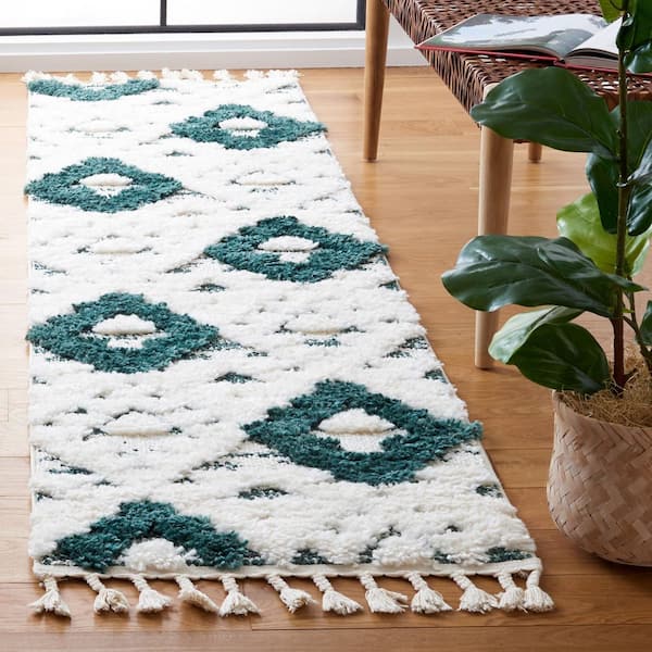 Moroccan Tassel Shag 2 ft. x 10 ft. Green/Ivory High-Low Geometric Fringe Runner Rug