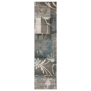 10 ft. Teal Gray and Tan Floral Power Loom Distressed Stain Resistant Runner Rug