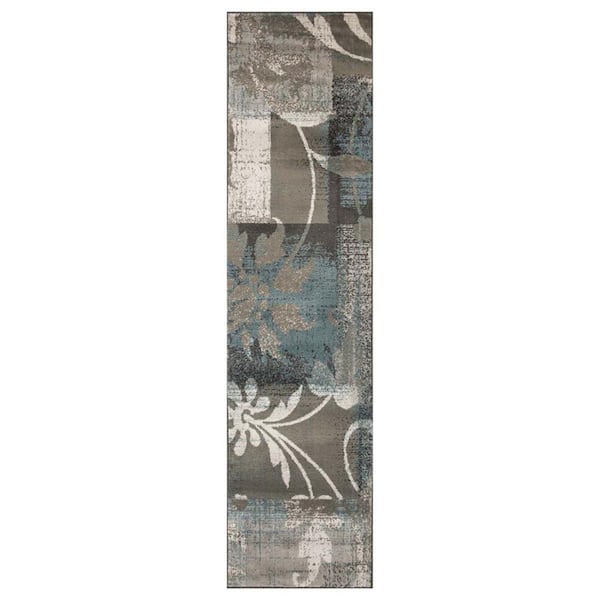 HomeRoots 10 ft. Teal Gray and Tan Floral Power Loom Distressed Stain Resistant Runner Rug