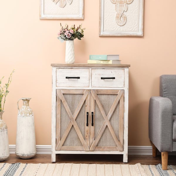 LuxenHome Farmhouse White and Natural Wood 2-Drawer 2-Door Storage Cabinet